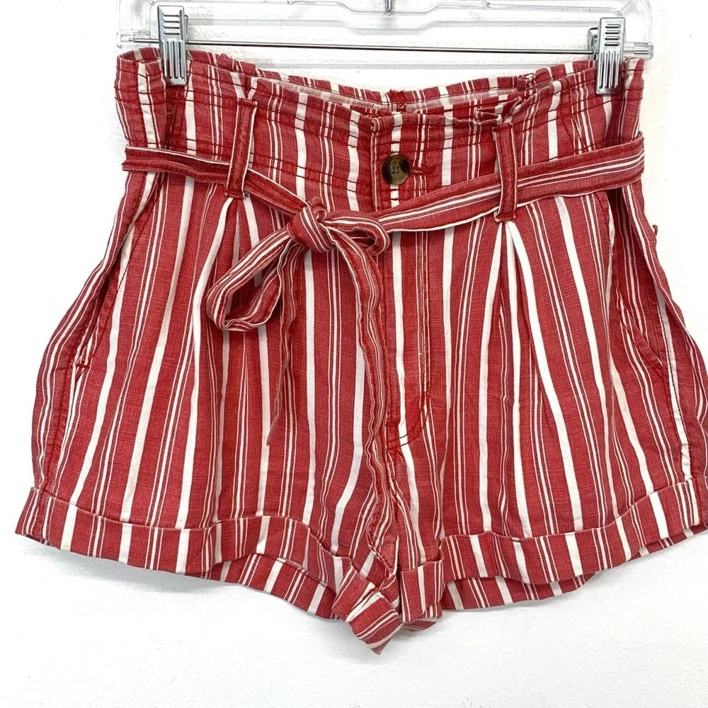 American Eagle Linen Blend Paper Bag Shorts Woman 6 Belted Pockets Pink Stripe